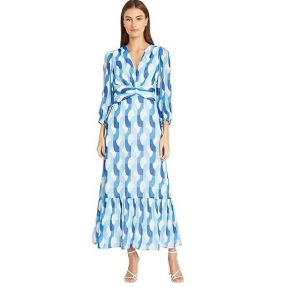 Donna Morgan Womens Plunging V-Neck Geo-Print Maxi Dress Cream/Powder Blue 8 NWT - Picture 1 of 7